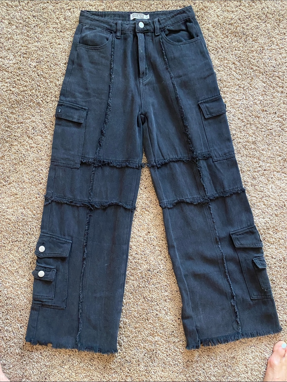 Porter Collective Black Frayed Cargo Jogger Pants.